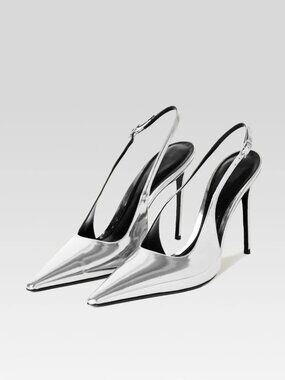 Metallic Silver Pointed Toe Slingback Heels | Chrome Stiletto Pumps